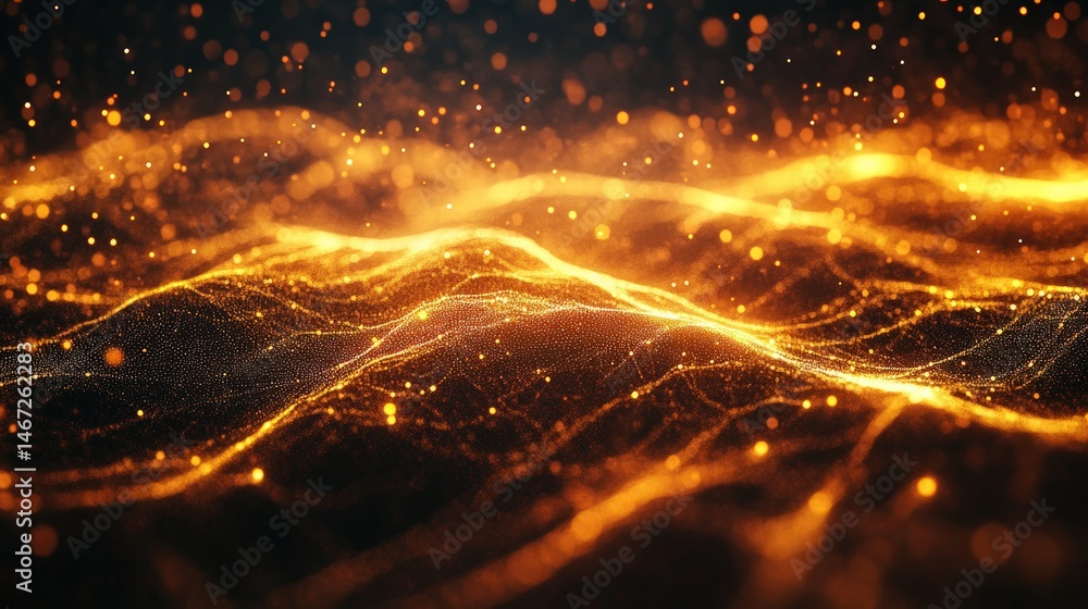 Poster dynamic golden waves of light with sparkles in a dark background