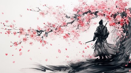 Fototapeta premium Japanese Warrior Standing Beneath Cherry Blossoms