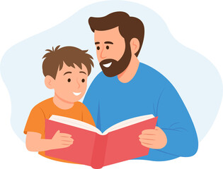 Cute smiling father with son reading book with fairy tales or watching family photo album. Father day, parent, childhood, friendship concept. 