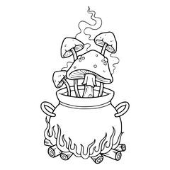 Halloween cauldron with fungi and smoke