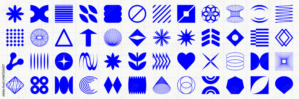Poster set of graphic geometric assets with grid, pattern and elements. vector modern shapes in retro aesth