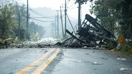 Severe typhoon damage with broken tree branches, fallen debris and blocked road in heavy rainstorm. Natural disaster aftermath, extreme weather, climate crisis and emergency response concept.