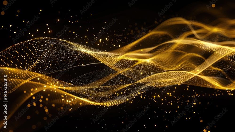 Poster elegant picture of gold light sparkling particles scattered across a deep black background, create a