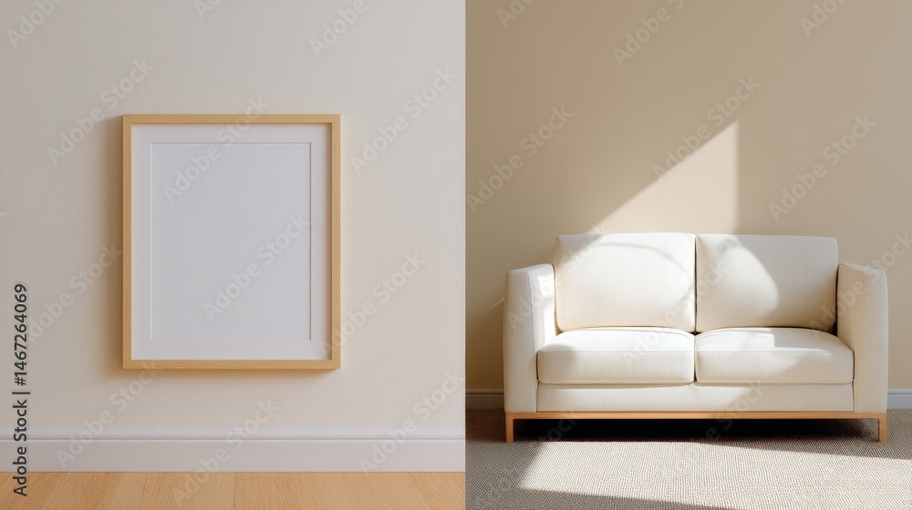 Poster a minimalist photo frame is displayed on a neutral-toned wall in a warm living room setting, complem