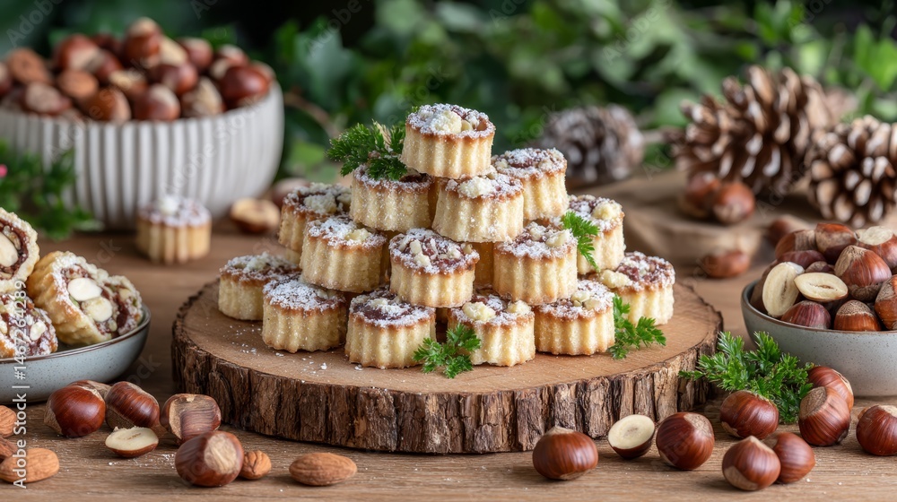 Poster A neat stack of freshly baked hazelnut cookies rests on a rustic wooden tray, illuminated by soft natural light, creating a warm and inviting atmosphere