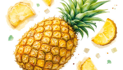 Juicy whole and sliced pineapples with green leaves, isolated on white background in a vibrant, tropical, watercolor-style illustration.