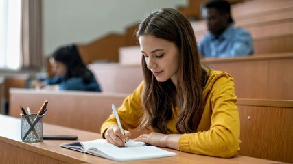 Girl Taking Notes in Lecture Hall with Open Notebook and Pens, Attentively Listening in University Atmosphere

 - Powered by Adobe