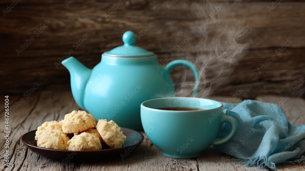 Poster lush blue linen complements a steaming teapot and a plate of shortbread biscuits, creating a cozy at