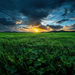 Tranquil field of lush green grass bathed in warm light during a stunning sunset in the background