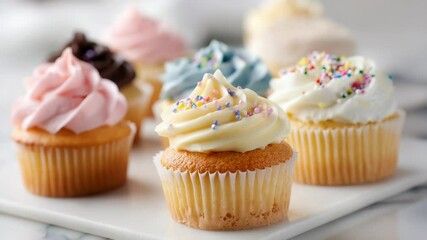 Delicious assortment of decorated vanilla cupcakes with colorful frosting and sprinkles displayed on a white tray in a bakery shop