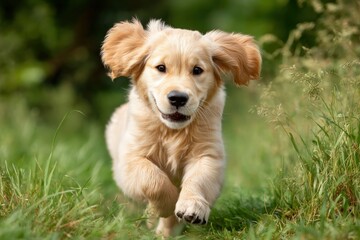 Golden puppy running in green grass under bright natural light