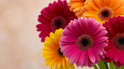 Vibrant cluster of Gerbera daisies in bold hues on neutral background