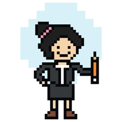 Obraz premium Cartoon cute pixel cartoon 8bit character business woman office smart work game decoration business 8 bit female lady businesswoman secretary smart character game png vector.