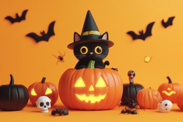 A halloween scene with a black cat wearing a witch hat sitting on a jack o lantern pumpkin