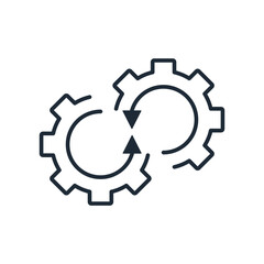 Gears and transfer arrows. Exchange of advanced technologies.Technical cooperation, development.Vector linear icon isolated on white background.