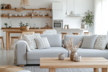 Fototapeta premium Light-filled modern kitchen/living room with light gray sofa