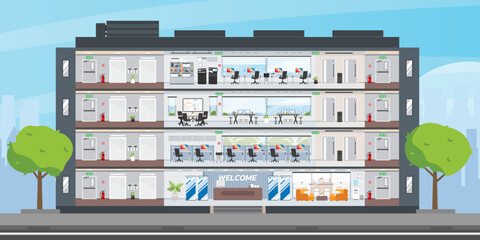 Cutaway business office building, Inside and outside of office working place interior design floor plan.