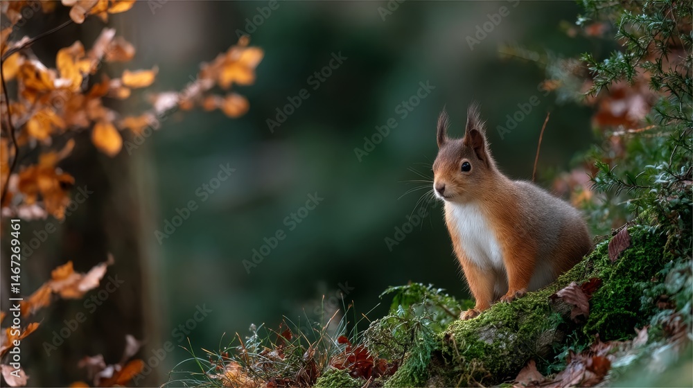 Poster a red squirrel perches on a mossy branch, surrounded by golden autumn leaves, capturing the essence 