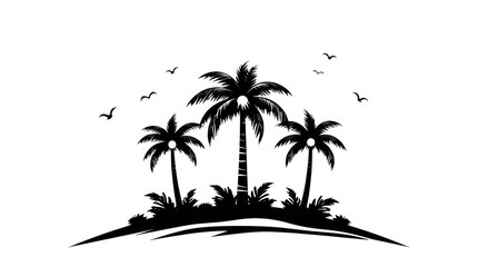 Silhouette of three palm trees on a small island, birds flying overhead