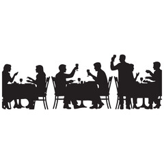 Vector Black silhouette of people sitting at restaurant tables eating and drinking with white background
