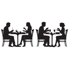 Vector Black silhouette of people sitting at restaurant tables eating and drinking with white background