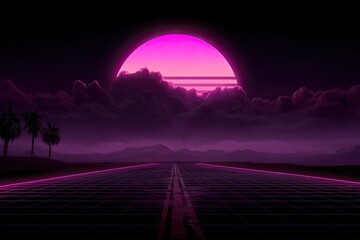 Retro futuristic highway under a vibrant sunset