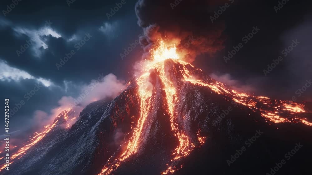 Poster Streams of glowing lava flow down the side of an erupting volcano at night, illuminating the dark clouds above with a fiery glow, creating a dramatic and powerful scene of nature's raw energy