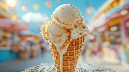 Melted ice cream cone in a market