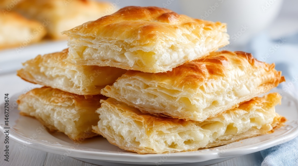 Poster flaky layers of puff pastry stacked on a ceramic plate create an inviting bakery aesthetic, highligh