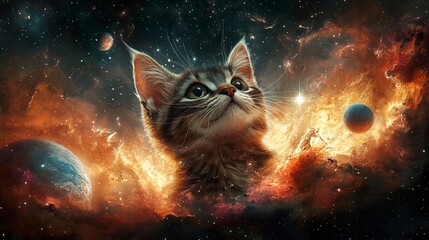 Fantasy sci-fi illustration of a feline astronaut surrounded by nebulae and planets 