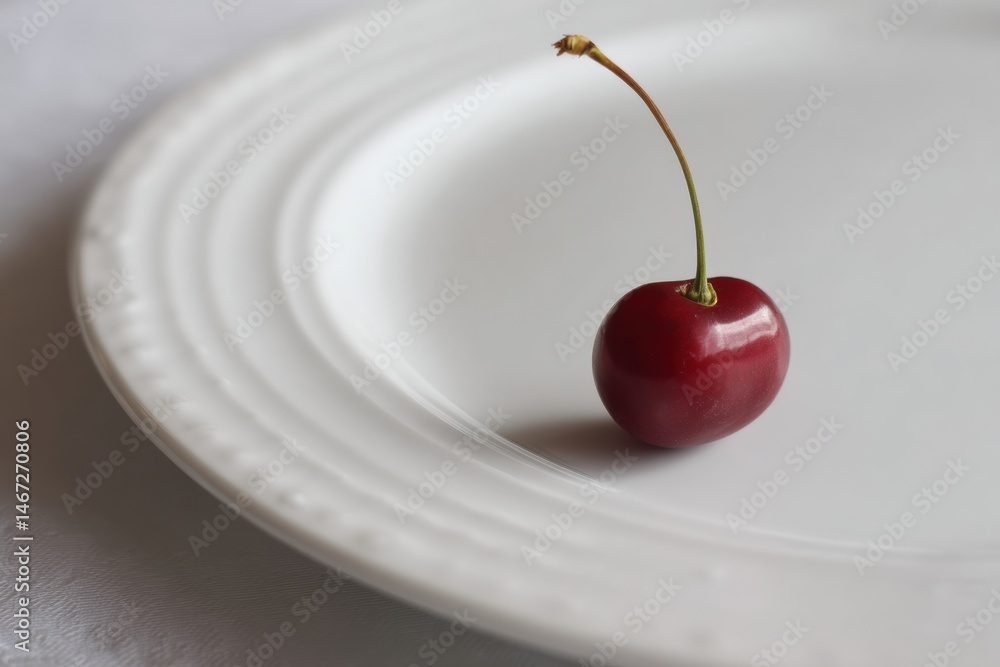 Poster cherry stem resting elegantly on the edge of a pristine white plate in a well-lit setting generative