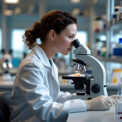 scientist looking through microscope