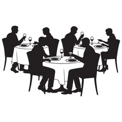 Vector Black silhouette of people sitting at restaurant tables eating and drinking with white background