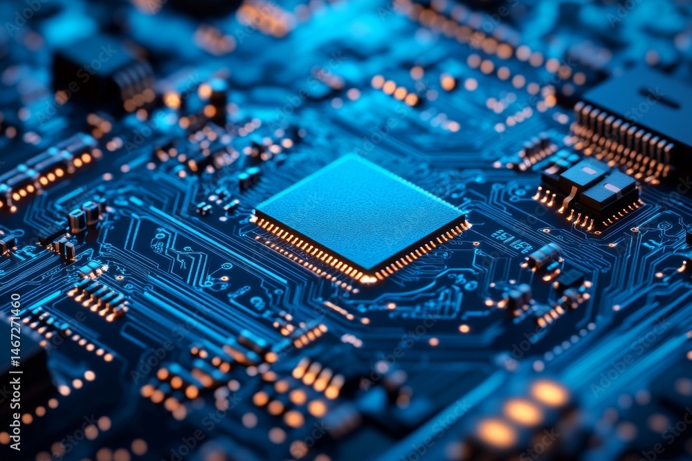 Poster close-up of a circuit board with a central processor chip, highlighting intricate pathways and conne