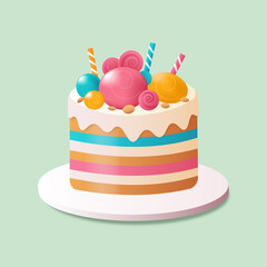 Vector illustration of a layered birthday cake with colorful candies, swirl lollipops, and candles on a light green background. Fun and playful design perfect for party invitations, greeting cards