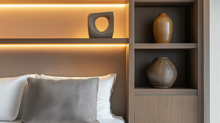 Modern interior featuring built shelf with ceramic sculptures, illuminated by warm lighting, creating cozy and stylish atmosphere. arrangement includes various shapes and textures, enhancing