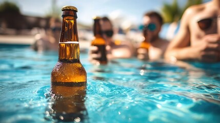 A group of four young adults is gathered in a swimming pool, raising their bottles in a toast.