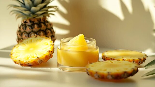 A top-down view of a jar of creamy yellow pineapple body butter surrounded by fresh pineapple slices and green tropical leaves on a vibrant yellow background, conveying a natural and exotic skincare 