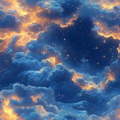 Obraz premium Fantasy sky background with glowing pastel clouds and 3D golden stars floating in a deep blue sky. --tile 