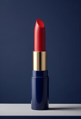 A vibrant red lipstick placed on a smooth blue background, highlighting its bold color contrast