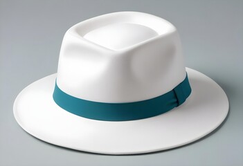A white hat featuring a blue band around its base