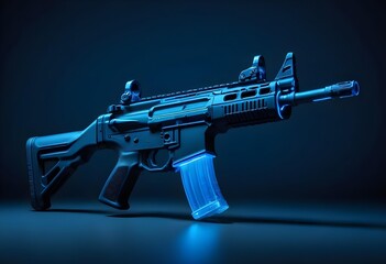 An AR-15 rifle equipped with a blue light attachment, positioned against a neutral background