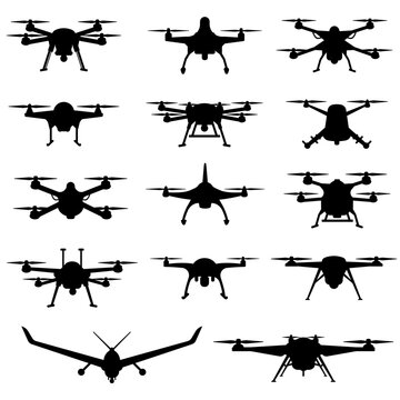 Set of various drone black silhouettes isolated on transparent background. Quadcopters, fixed-wing UAV, FPV. Military surveillance, reconnaissance, combat. Unmanned aircraft shapes. Vector set icons.