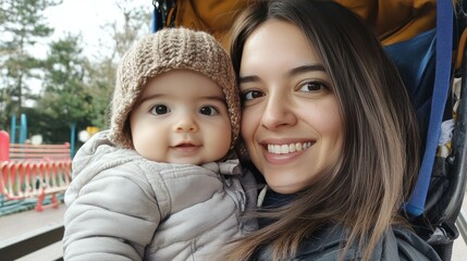 A mother and her baby are sitting on a bed in a bright, cozy room.
