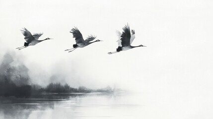 Obraz premium Sumi-e Ink Painting of Cranes Flying over Water