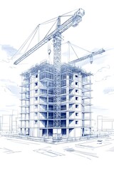 Blueprint sketch of a high-rise building under construction with a crane