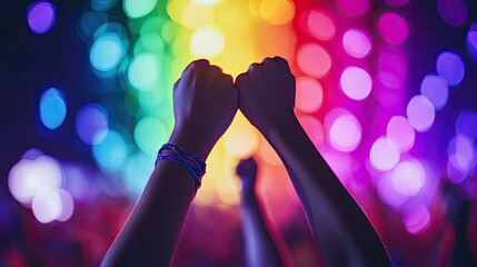 A diverse group of activists raises their hands in solidarity at a protest.