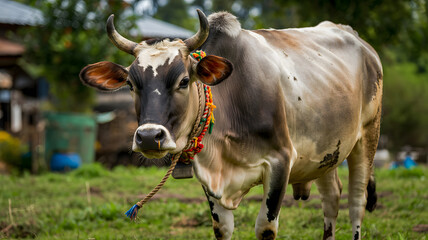 cow with colorful necklace grazing in the field

