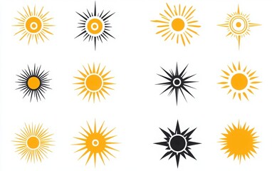 set of yellow sun icons in flat design on white background