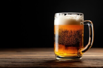 Chilled beer with rich foam and vivid carbonation in mug on wooden surface, excellent for beverage branding, seasonal ads, and brewery campaign visuals